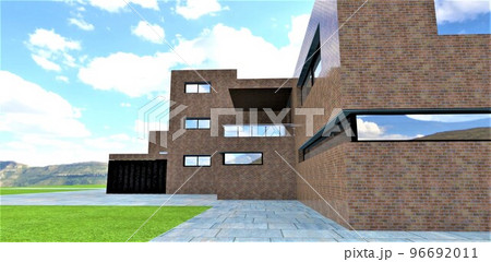 Old natural brick as a finishing touch for a low-rise suburban office. Paving stones made of heavy rectangular slabs. Juicy green lawn. 3d rendering. Old natural brick as a finishing touch for a low-rise suburban office. Paving stones made of heavy rectangular slabs. Juicy green lawn. 3d rendering. 96692011