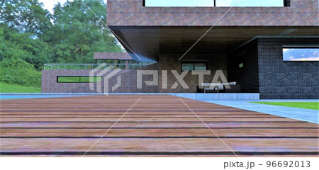 Pleasant wooden flooring in the courtyard of a chic country estate on a green forest meadow. The facade is finished with old natural brick. 3d rendering. Pleasant wooden flooring in the courtyard of a chic country estate on a green forest meadow. The facade is finished with old natural brick. 3d rendering. 96692013