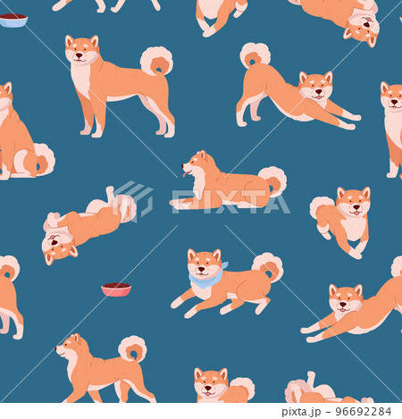 Cute shiba inu seamless pattern, cartoon flat vector illustration. 96692284
