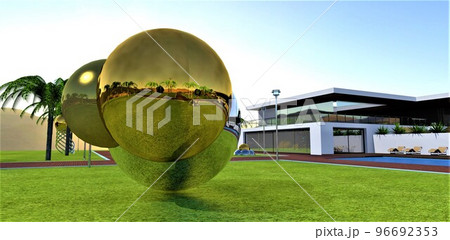A giant molecule of gold and chromium amel in a green meadow near a futuristic estate with white walls in sunny weather. 3d rendering. 96692353