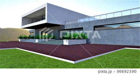 A red brick paving slab in front of the concrete porch of a stylish country home. Convenient garage with a ramp and lifting metal gates. Lots of green plants. 3d rendering. 96692390