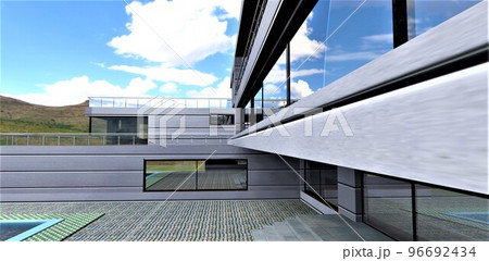 The metal facade and reflective glass are a wonderful combination for a reliable, rich and durable exterior. 3d rendering. The metal facade and reflective glass are a wonderful combination for a reliable, rich and durable exterior. 3d rendering. 96692434