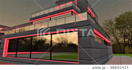 The scarlet color as a highlight of the exterior of a private country estate increases the attractiveness of the property for a sophisticated client. 3d rendering. The scarlet color as a highlight of the exterior of a private country estate increases the attractiveness of the property for a sophisticated client. 3d rendering. 96692435