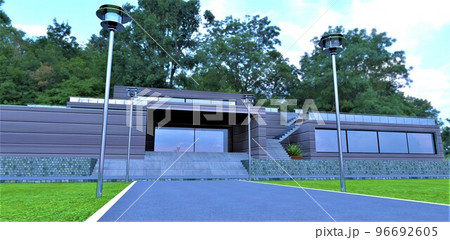 The road to the porch of a spacious private house in a green park. White border and street lights on the sides. Dense foliage of trees in the background. 3d rendering. The road to the porch of a spacious private house in a green park. White border and street lights on the sides. Dense foliage of trees in the background. 3d rendering. 96692605