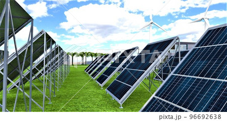 Walkway between rows of steel-framed solar panels installed on the lawn of an eco-friendly estate in the mountains. 3d rendering. Walkway between rows of steel-framed solar panels installed on the lawn of an eco-friendly estate in the mountains. 3d rendering. 96692638