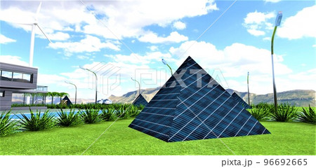 A small-sized modular solar power plant in the form of a pyramid with a photovoltaic coating, inside which there is a charge controller with ceramic batteries and a voltage inverter. 3d render. A small-sized modular solar power plant in the form of a pyramid with a photovoltaic coating, inside which there is a charge controller with ceramic batteries and a voltage inverter. 3d render. 96692665