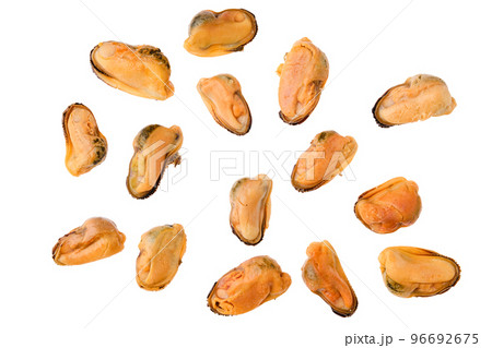 Top view of boiled and peeled mussels isolated on white Top view of boiled and peeled mussels isolated on white 96692675