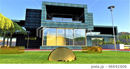 A golden ball is dug into the ground in the courtyard of a stylish country house with photovoltaic panels as a facade decoration. 3d render. A golden ball is dug into the ground in the courtyard of a stylish country house with photovoltaic panels as a facade decoration. 3d render. 96692806