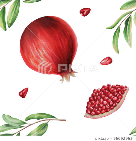Watercolor seamless pattern with ripe pomegranate half cutted with leafs and flowers. Hand drawn realistic tasty garnet red fruit isolated on white background. For designer 96692962