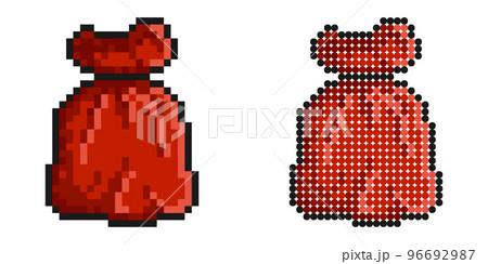 Pixel icon. Red holiday bag with gifts, santa bag with children toys. Simple retro game vector isolated on white background 96692987