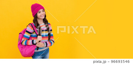 teenager student ready to study. child pupil. smiling teen girl carry backpack. back to school. Banner of schoolgirl student. School child pupil portrait with copy space. 96693546