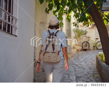 Tourist Woman on Beautiful Streets of old Marmaris. 96693831