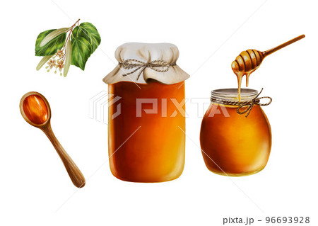 Watercolor amber linden honey jars. Wooden spoon with honey. Honey flowing from a stick. Hand drawn immunity strengthening vitamins illustration 96693928