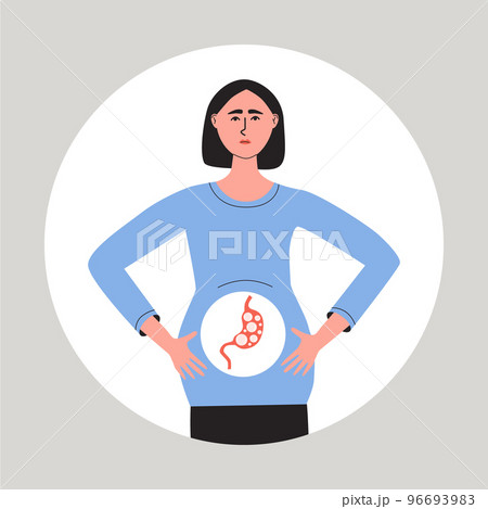 Young woman suffering fom abdominal bloating. Female with flatulence. Gastroenterology disease concept. Fat vector medical illustration 96693983