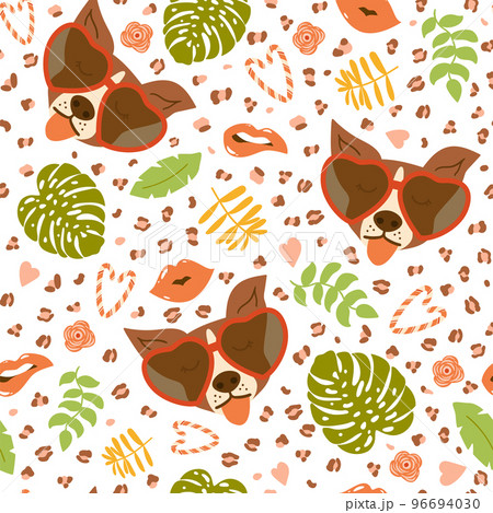 Valentines day dog pattern with funny dog wears sunglasses in heart shape into tropical jungle leaves full of romantic lips and kisses. Romantic puppy repeat background Vector illustration wallpaper. Valentines day dog pattern with funny dog wears sunglasses in heart shape into tropical jungle leaves full of romantic lips and kisses. Romantic puppy repeat background Vector illustration wallpaper. 96694030