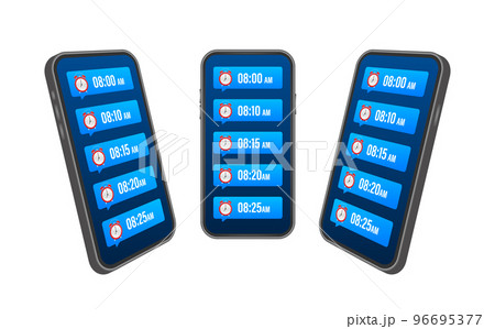 Cartoon mockup with black alarm smartphone. Smartphone mockup. Calendar reminder. Message notification icon. 96695377