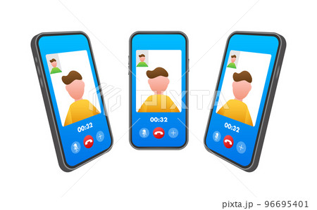 Incoming video call on laptop. Laptop with incoming call, man profile picture and accept decline buttons. Vector stock illustration. 96695401