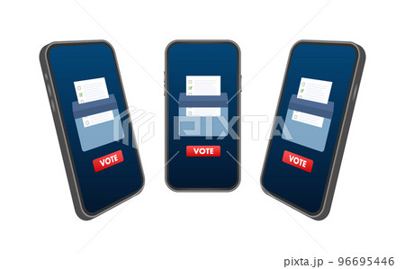 Hand puts vote bulletin into vote box on smartphone screen. Voting concept. Ballot box. Vector stock illustration. 96695446
