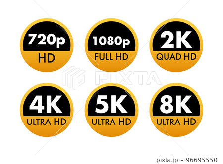Video dimension labels. Video resolution 720, 1080, 2k, 4k, 8k badges. Quality design element. Vector stock illustration. 96695550