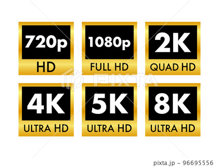 Video dimension labels. Video resolution 720, 1080, 2k, 4k, 8k badges. Quality design element. Vector stock illustration. 96695556