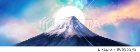 美しい雪化粧の富士山とオーロラのような雲海と初日の出が輝く風景画ワイドサイズイラスト 美しい雪化粧の富士山とオーロラのような雲海と初日の出が輝く風景画ワイドサイズイラスト 96695848