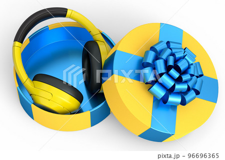 Gift boxes with headphones, ribbon and bow on white background. greeting design Gift boxes with headphones, ribbon and bow on white background. greeting design 96696365