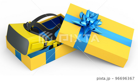 Gift boxes with VR Headset, ribbon and bow on white background. greeting design Gift boxes with VR Headset, ribbon and bow on white background. greeting design 96696367