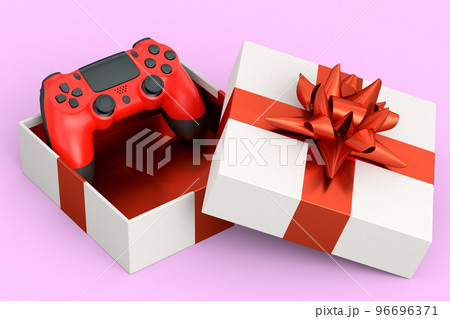 Gift boxes with joystick, ribbon and bow on pink background. greeting design 96696371
