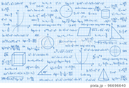Mathematics theory and mathematical formula. Handwritten symbols isolated on blue background with hand drawn formulas used for school education and paperwork. Vector illustration. Mathematics theory and mathematical formula. Handwritten symbols isolated on blue background with hand drawn formulas used for school education and paperwork. Vector illustration. 96696640