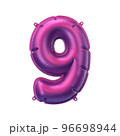 3D Render of pink purple inflatable foil balloon 9 figure. Party decoration element. Number nine isolated on white background. New year celebration postcard part. Graphic element sign for web design 96698944