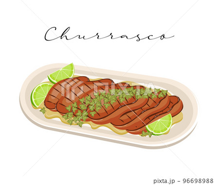 Grilled Brazilian meat with lime, Churrasco, Latin American cuisine. National cuisine of Brazil. Food illustration, vector 96698988
