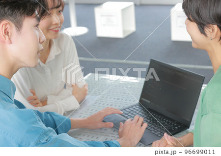 PCを囲んで打ち合わせるビジネスパーソン3人_1 96699011
