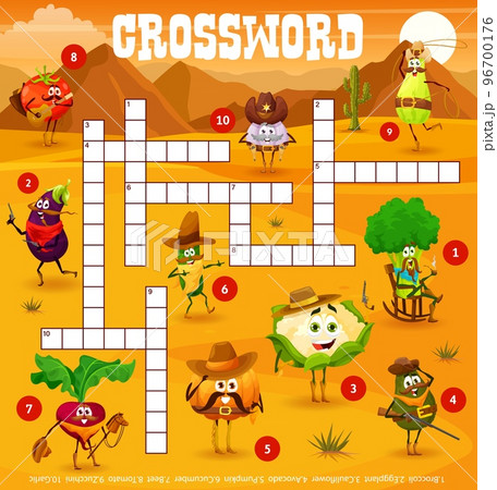Crossword grid, cowboy sheriff, ranger and bandit vegetables on Wild West, vector quiz game. Crossword worksheet to guess word of pumpkin cowboy, avocado ranger with rifle and eggplant western robber 96700176