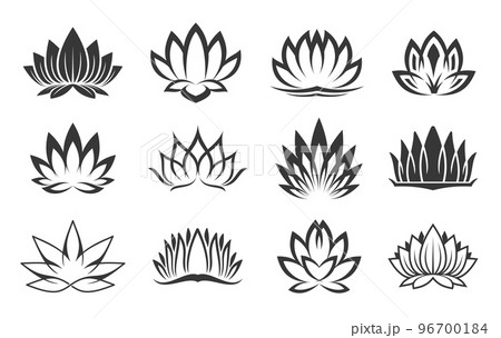 Lotus icons, spa and oriental flower for Ayurveda meditation or Buddhism, vector symbols. Lotus flower line petals for Zen tranquility, cosmetic skincare, beauty and oriental relax ornament 96700184