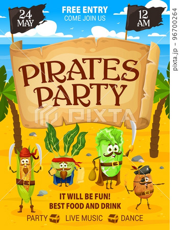 Pirates party flyer, cartoon vegetable pirates and corsairs characters, vector poster. Kids party flyer with funny Caribbean pirate cabbage, corn corsair and potato captain for entertainment event 96700264