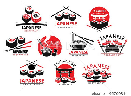 Japanese cuisine icons with sushi, rolls and noodles. Asian cuisine restaurant, Japan fastfood takeaway sea food meals outline vector symbols with nigiri, hosomaki and uramaki sushi, chopsticks 96700314