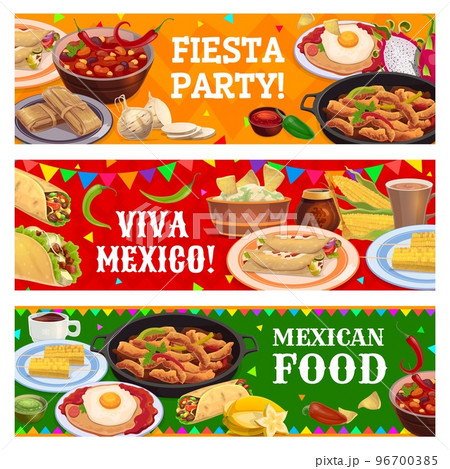 Mexican cuisine meals, drinks, fruits and snacks. Fiesta party and Mexico food festival, Tex Mex meals vector banner with corn, tacos and burrito, guacamole, nachos, jalapeno, enchiladas and bean stew Mexican cuisine meals, drinks, fruits and snacks. Fiesta party and Mexico food festival, Tex Mex meals vector banner with corn, tacos and burrito, guacamole, nachos, jalapeno, enchiladas and bean stew 96700385