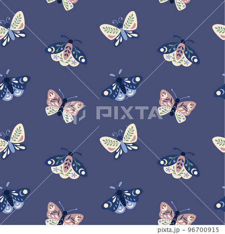 Butterflies and moths in flat style seamless pattern on a lilac background. Vector illustration Butterflies and moths in flat style seamless pattern on a lilac background. Vector illustration 96700915