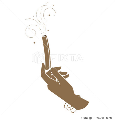 Smoldering aromatic stick in hand, smoking stick of sacred tree palo santo exuding fragrance, incense for meditation and spiritual practices, vector 96701676