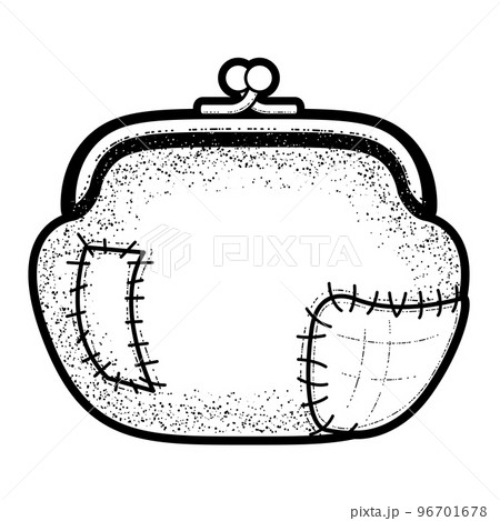 Torn holey purse covered in patches, lacerated wallet out of money, symbol of overspending and bad budget, poverty concept, vector 96701678