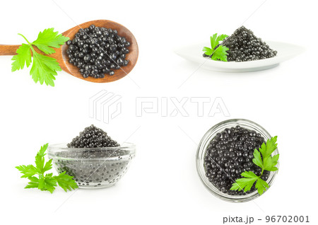 Collage of beluga caviar on a white background cutout Collage of beluga caviar on a white background cutout 96702001