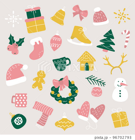 Set of abstract christmas new year winter icons. Hand drawn doodle flat style 96702793