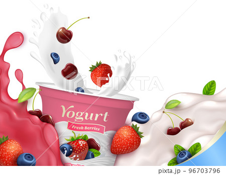 Realistic Detailed 3d Fresh Berries Yogurt Packaging Container with Splash Isolated on a White Background. Vector illustration Realistic Detailed 3d Fresh Berries Yogurt Packaging Container with Splash Isolated on a White Background. Vector illustration 96703796