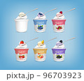 Realistic Detailed 3d Different Taste Yogurt Packaging Container with Spoon Set Include of Blueberry, Raspberry, Strawberry, Peach and Blackberry . Vector illustration of Yoghurt 96703923