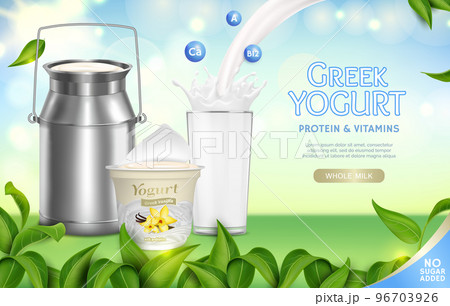 Realistic Detailed 3d Greek Yogurt Protein and Vitamins Ads Banner Concept Poster Card. Vector illustration of Yoghurt 96703926