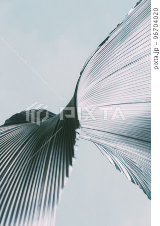 Curved steel. Abstract wallpaper. Ridged aluminum. Monochrome blue silver color gradient light ribbed metal texture industrial illustration art background with free space. 3d render 96704020
