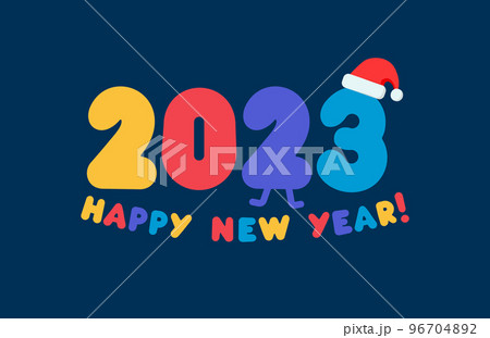 2023 numbers in cartoon style with color balloons and Santa hat. Happy New Year event poster, greeting card cover, 2023 calendar design, invitation to celebrate New Year. Vector illustration 96704892
