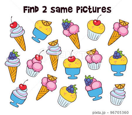 Find two same pictures. Find two identical ice cream. Educational game for children Find two same pictures. Find two identical ice cream. Educational game for children 96705360
