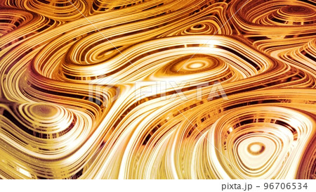 Abstract background with wavy sparkling golden liquid pattern on shiny glossy surface. Viscous yellow fluid like surface of gold foil or brilliant glass. Beautiful creative festive backdrop. 3d render 96706534