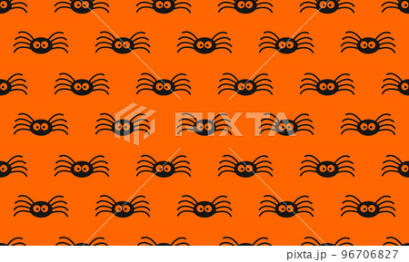 Cute little black spiders on orange background. Halloween party seamless pattern. Scrapbooking or wrapping paper, fabric design, textile print 96706827